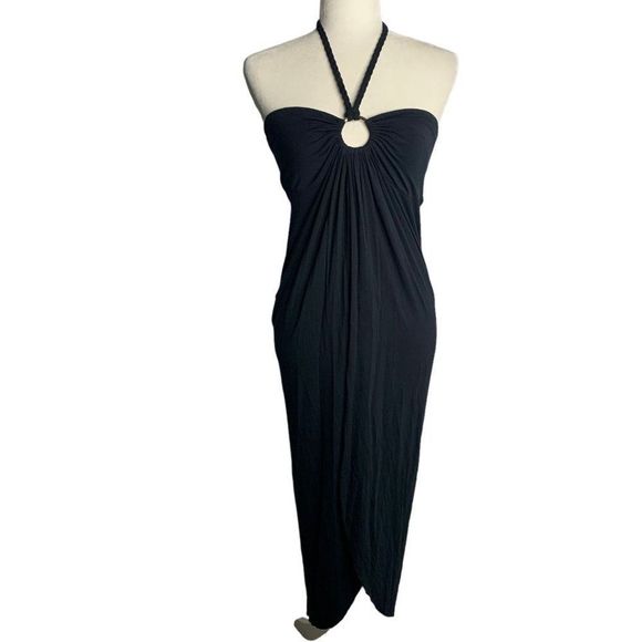BCBG Dresses & Skirts - Vintage BCBG Halter Cover Up Maxi Dress M Black Stretch Knit Wrap Front Tie Neck